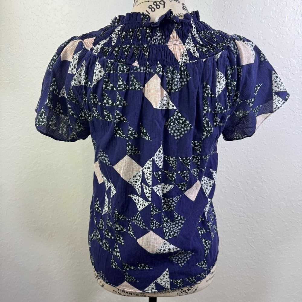 Madewell blouse smocked mock neck XS patchwork boho casual Navy Geometric‎ Top - Picture 6 of 10